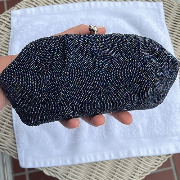 Miranda Micro Beaded Navy Blue Kisslock Clutch Bag Made in Japan - Picture 2 of 8